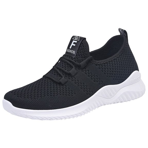 EKVAHL Women's Breathable Knit Sneakers, Lightweight Lace‑Up Tennis Shoes, Faux Mesh Upper Athletic Walking Shoes for Gym Daily Travel Black