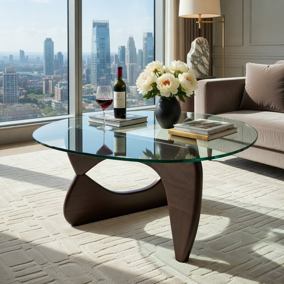 Demi Bonn Triangle Coffee Table, Dining Center Tables with Tempered Glass Top and Adjustable Rubber Wood Base for Living Room, Bedroom, Office and Balcony, Brown