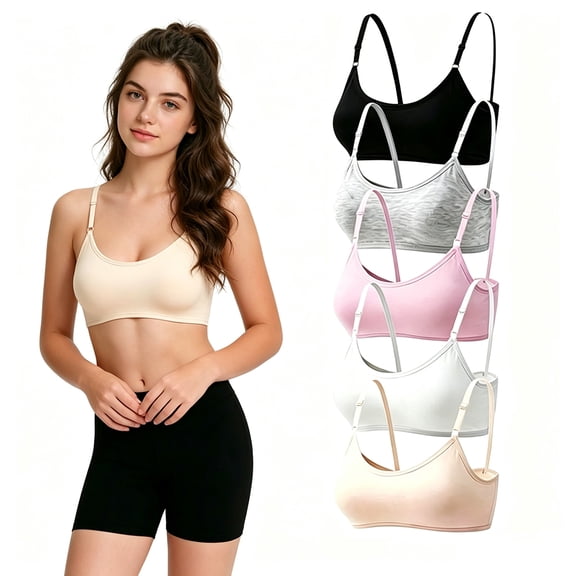 Cotton Wireless Light Padded Bras for Teen Girls 5 Pack Adjustable Straps Ages 10-16