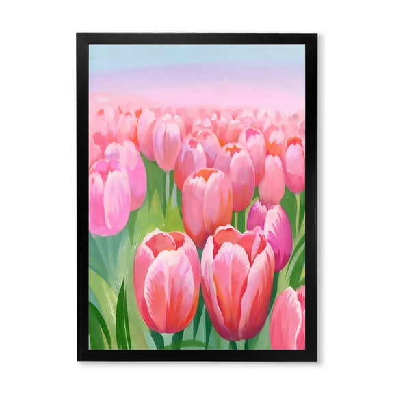 Designart 'Pink Tulips in Field' Traditional Framed Art Print