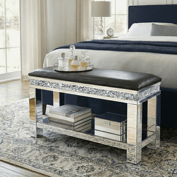 SHYFOY 31.5" Mirrored Upholstered Bench, Black Leather End of Bed Bench with Storage, Ottoman Entryway Bench for Bedroom, Hallway, Kitchen & Living Room