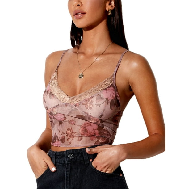 Fortune Women Camisole Floral Print Lace Cami Top Mesh Sheer