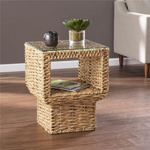 HomeRoots 402262 23 in. Glass & Rattan Wicker Square End Table, Brown & Clear