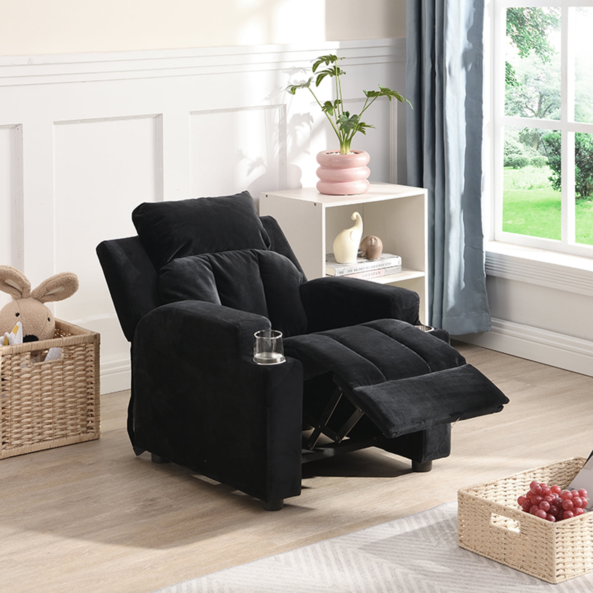 Kadyn Recliner Chair, Kids Recliner Chairs for Toddlers, Kids Single Recliner Sofa with Two Cup Holder, Footrest, Backrest, Single Armchair with Headrest and Footrest, Black Kadyn Recliner Chair, Kids Recliner Chairs for Toddlers, Kids Single Recliner Sofa with Two Cup Holder, Footrest, Backrest, Single Armchair with Headrest and Footrest, Black