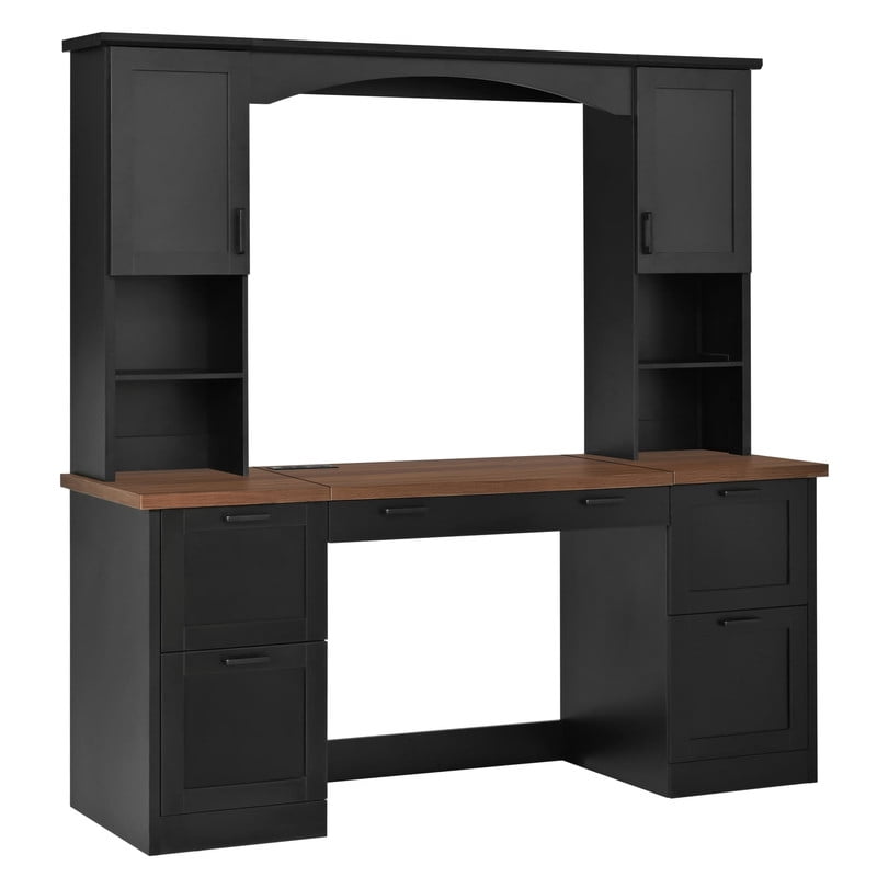 Farmhouse Arched Computer Desk with Hutch, Home Office Desk with Charging Station & Keyboard Tray, All-in-One Writing Desk with File Drawers for Study, Office