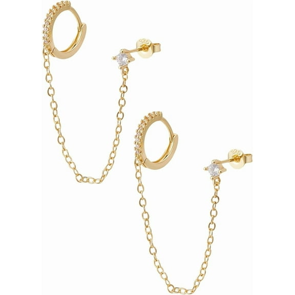 Double Piercing Holes Crawler Climbers Huggie Hoops Studs Earrings 75mm Golden Earrings Cuff Chain Brass Micro Pave Clear Cubic Zirconia Stud Earrings for Jewelry Gift Earring Supplies Gold