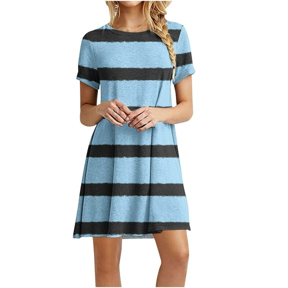Zekutng Women's Dresses Casual Color-Blocking Printed Short-Sleeved Round-Neck Dress,Sizes S-3XL