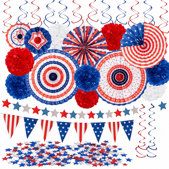 29PCS Patriotic Party Decorations Set, 4th of July Independence Day Decor with Paper Fans, Tissue Pom Poms, Hanging Swirls, Pennant Banner, Star Garland and Confetti for USA Patriotic Celebration, Me