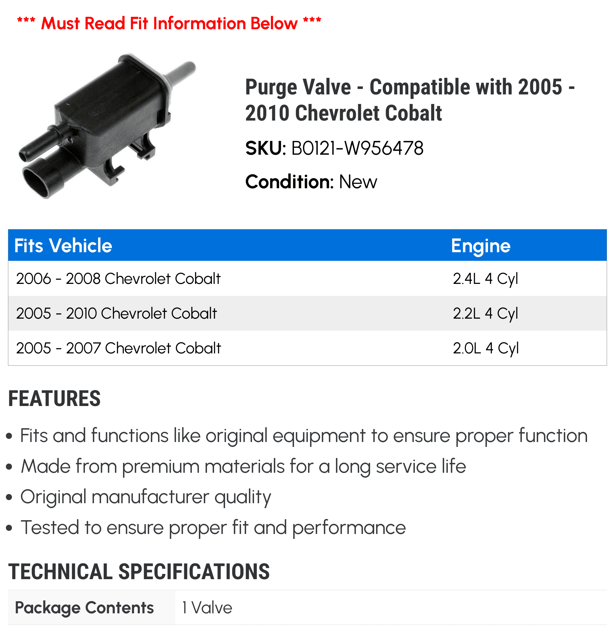 Purge Valve - Compatible with 2005 - 2010 Chevrolet Cobalt - Dorman