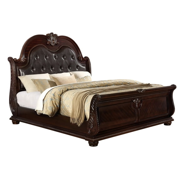 Traditional Formal 1pc King Size Faux Leather Upholstery Panel Bed Cherry Finish Marble Top Solid Wood Furniture