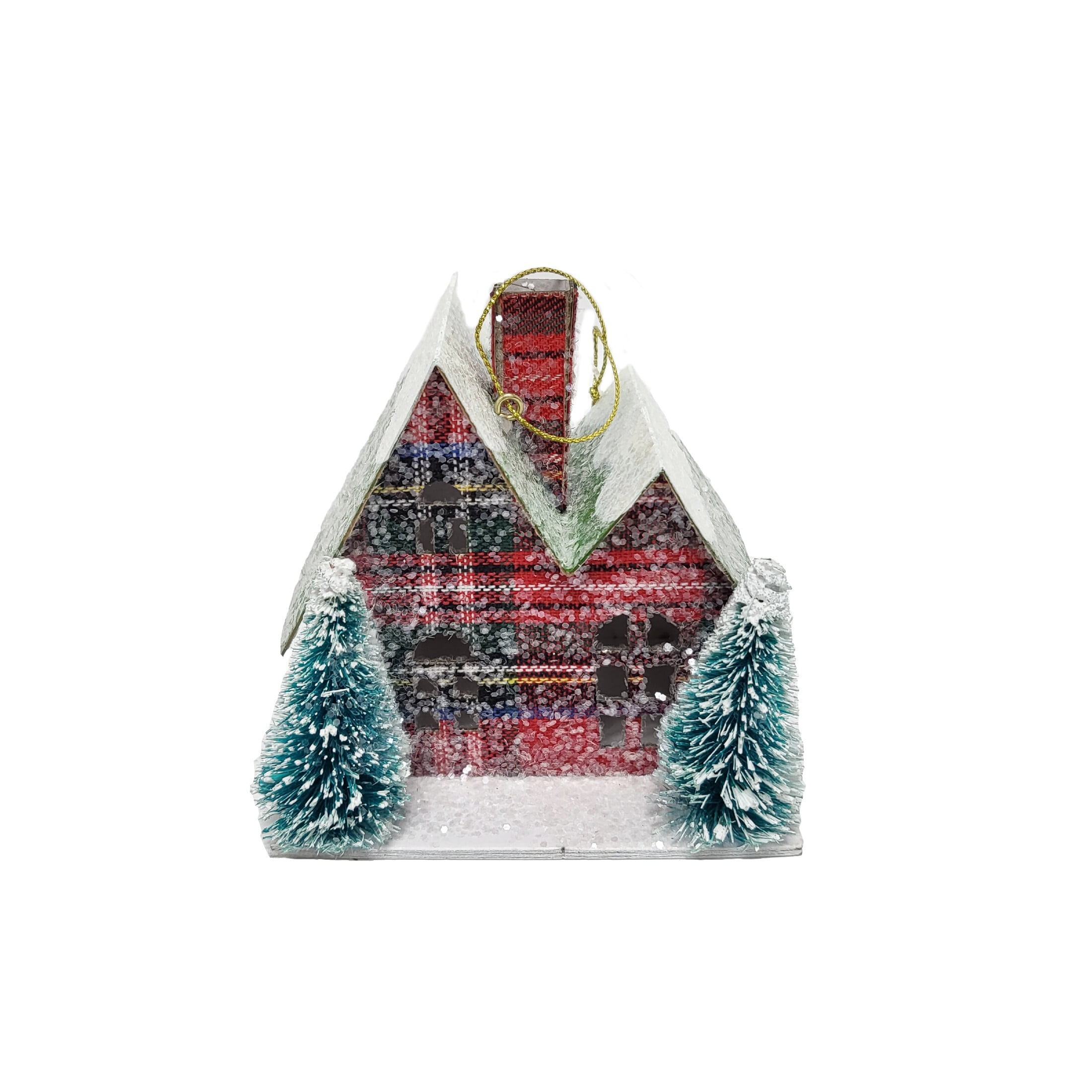 Holiday Time Red Tartan Plaid Paper House with Trees Christmas Themed Ornament