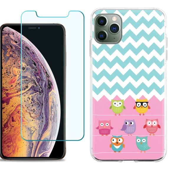 For Apple iPhone 11 Pro Max Phone Case , Slim-Fit TPU Case with Tempered Glass Screen Protector, by OneToughShield ® - Chevron/Teal/Owl
