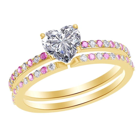 AFFY 1.24 Ct Simulated Pink Tourmaline & White Natural Diamond Heart Wedding Band Ring Set in 14k Yellow Gold Ring Size - 9