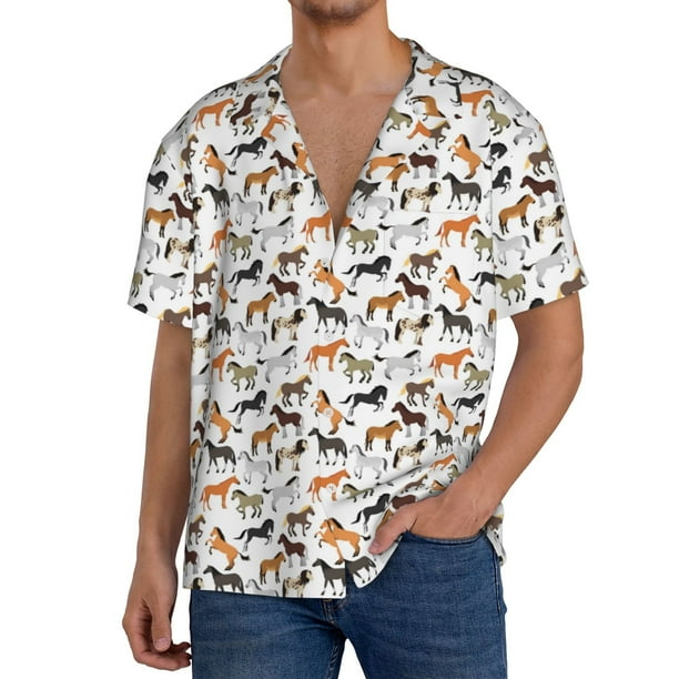 Fotbe Horse Camisa Estampada de Manga Corta para Hombre, Casual de Verano, Estilo Playero, Sin Arrugas-Large
