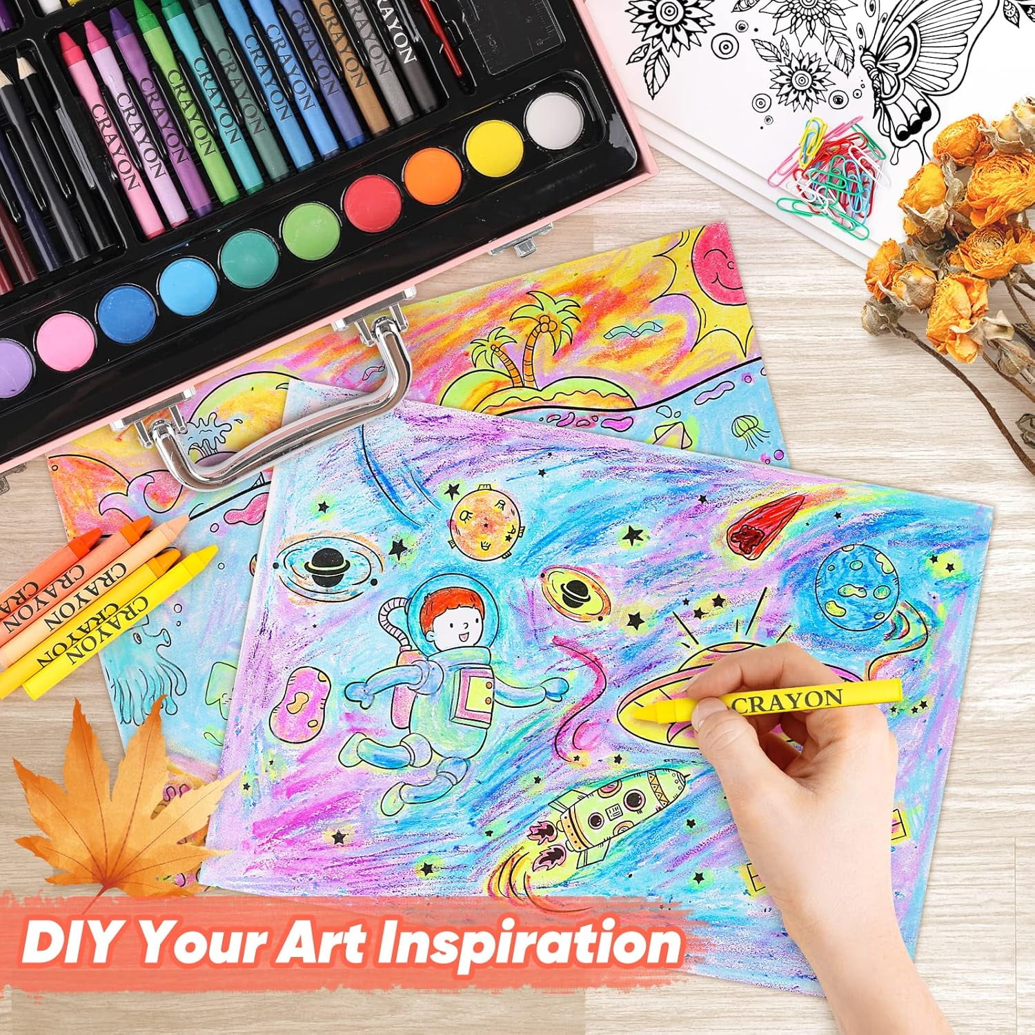 180 Piece Art Supplies, Drawing Painting Art Kit with Clipboard and Coloring Papers