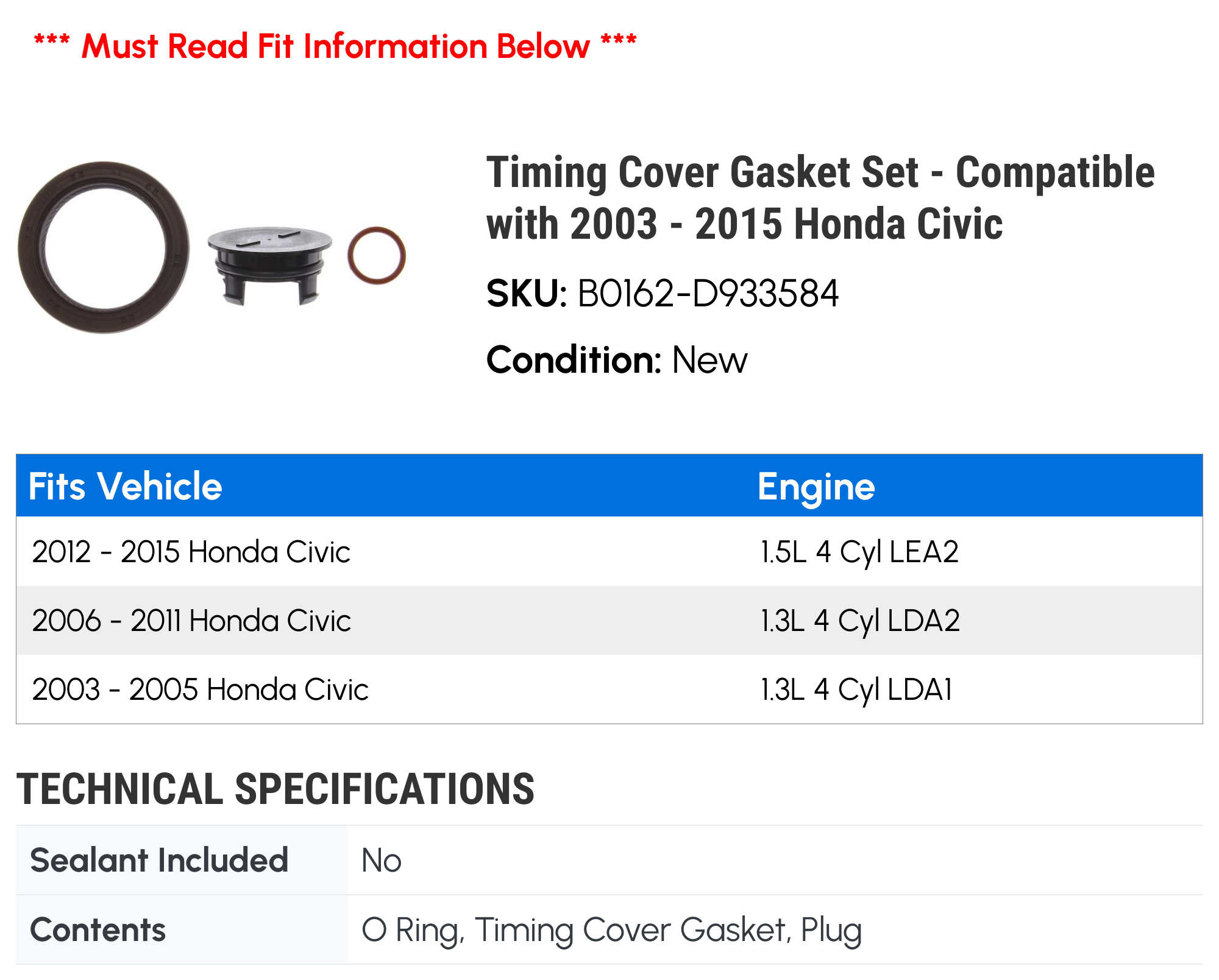 Engine Timing Cover Seal For Honda Element 2003-2011 - PC-671509 Replacement Gasket