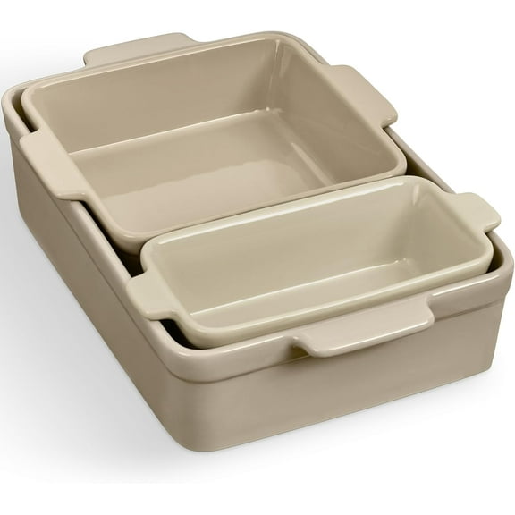 GJWL 3PC Casserole Cookware Set, Casserole Dishes for Oven, 9x13 Baking Dish, Serving Tray, Bread Loaf Pan, 8x8 Square Baking Pan, Ceramic, Non-Stick Bakeware - Mushroom Beige