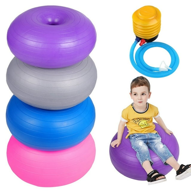 4 Sillas de Bola de Donut Flexibles, Sillas de Bola de Yoga Elementales para el Aula, Sillas de Oficina de Bolas de Yoga Inflables, Pelotas de Entrenador de Equilibrio de Estabilidad con Inflador para Relajarse y Entrenar