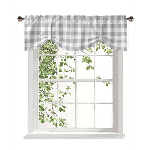 Gray Plaid Tie Up Valances Curtain, Gray Gradient Kitchen Valances for Windows Decor, Rod Pocket Short Curtains Set for Bedroom/Bathroom, 42"x18"