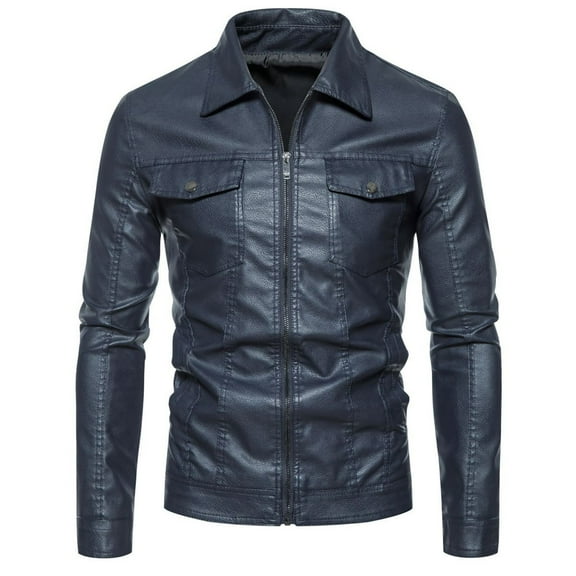 PiGOGI Winter Coats for Men Men's Collar Leather Jacket Casual Loose Men's Leather Jacket Solid Color Long Sleeved Hooded Leather Jacket/jacket Navy