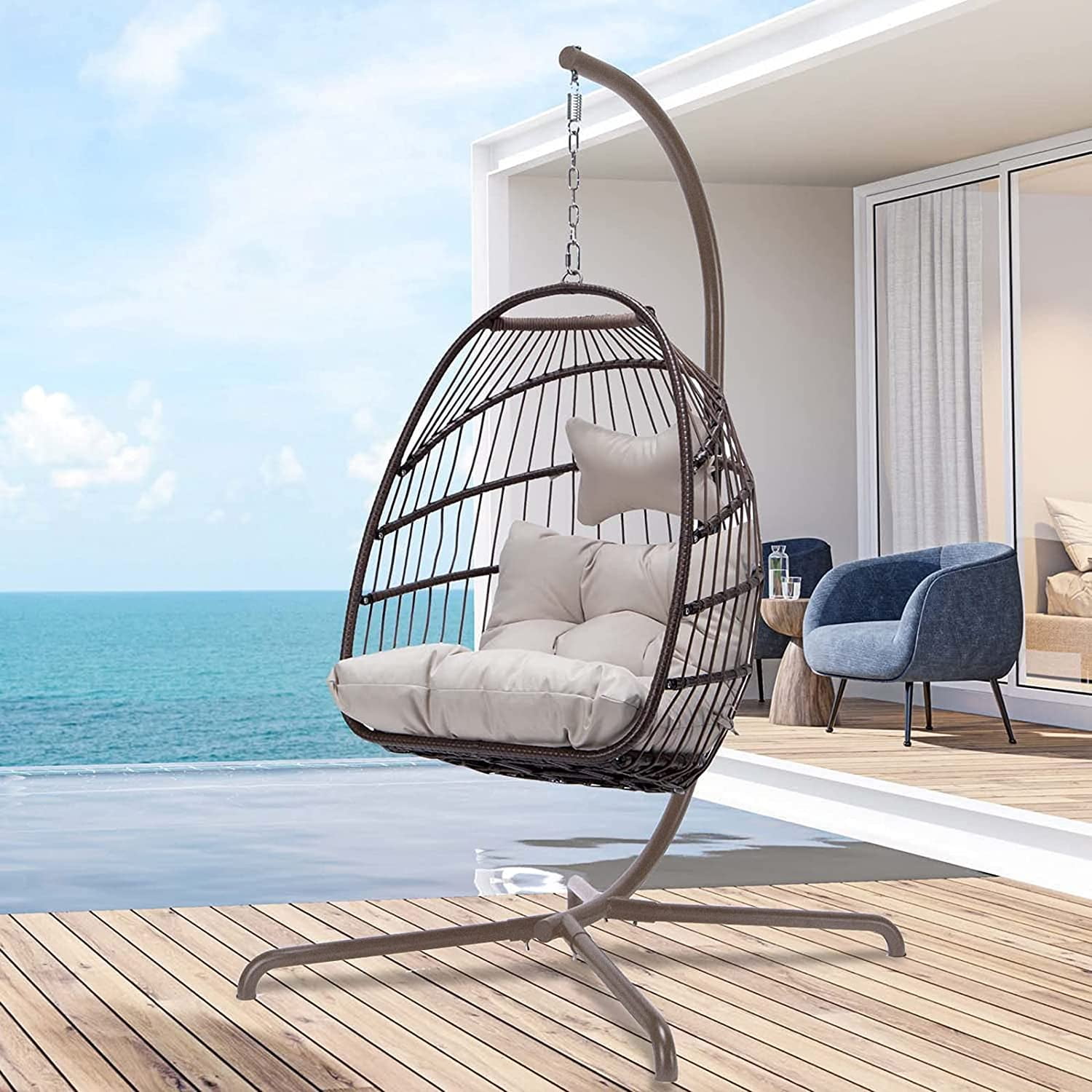 Nicesoul Foldable PE Wicker Hanging Chair With Stand, Cushion and Pillow