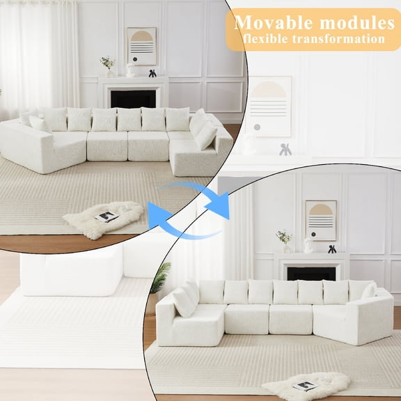 151.6" L-Shaped Deep-Seat Modular Sofa Couch with 11 Pillows, Extra-Large Chenille Fabric Sectional Sofa Couches, Curved Recliner Floor-Standing Sofa for Living Room, Apartment, Beige