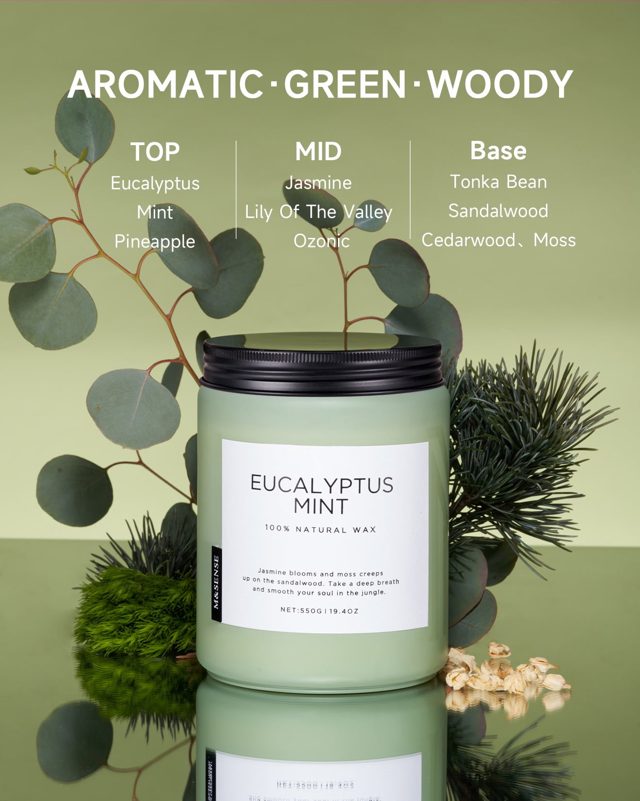 M&SENSE Eucalyptus Mint Scented Candle, 19.4oz Natural Soy Jar Candles for Home, Large 2 Wick, Up to 110 Hours Burn time, Natural Organic Fragrance