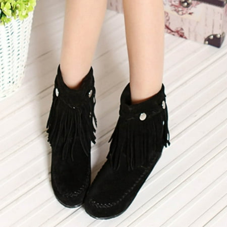 

Tejiojio Clearance Women s Retro Shoes Casual Fashion Solid Color Fringed Frosted Suede Flat Inner Height Ankle Boots