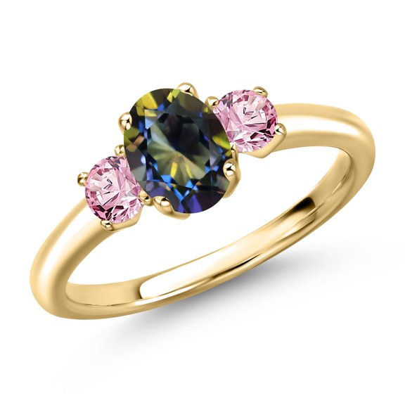 Gem Stone King 10K Yellow Gold Blue Mystic Topaz and Pink Lab Grown Diamond Engagement Ring for Women | 1.31 Cttw | Oval 7X5MM | Gemstone November Birthstone | Size 9