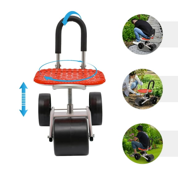 Miumaeov Garden Cart Adjustable Height Rolling Swivel Stool Workseat with 3x Wheels