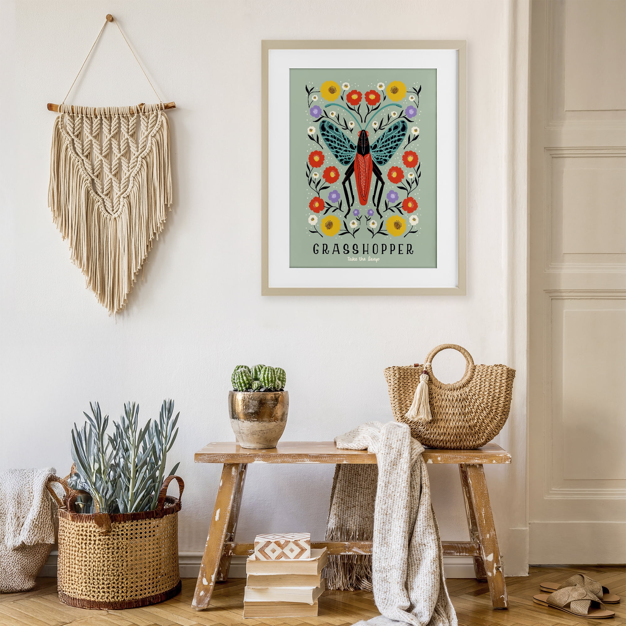Stupell Industries Symmetrical Grasshopper with Blooms Birch Framed Print Under Glass, design by Indira Prieto | IndySign
