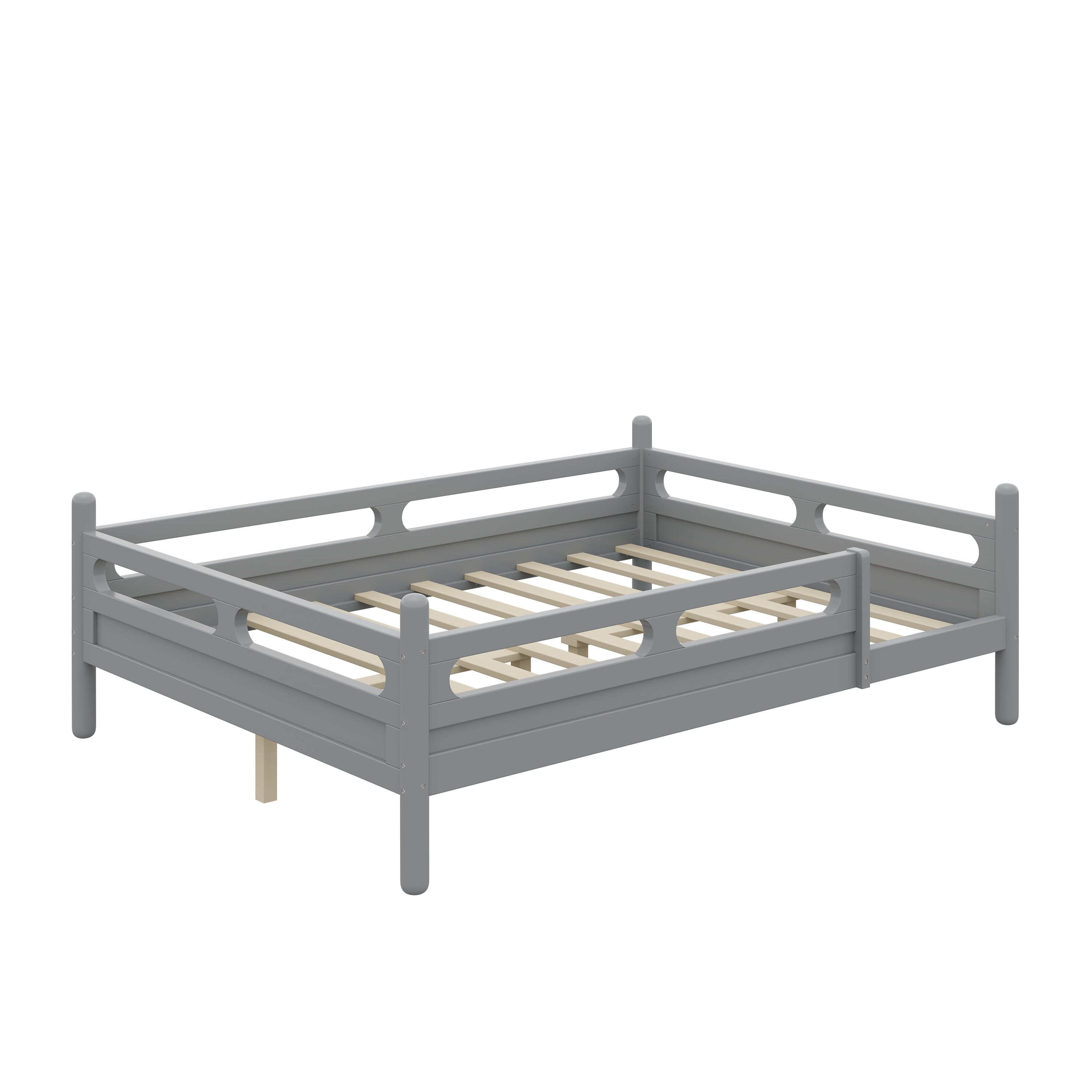 Euroco Wood Full Size Platform Bed, Low Profile Bed with Guardrails and Slats Support, Grey
