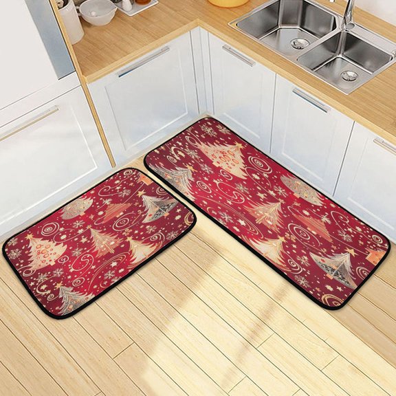 Kitchen Rugs and Mats【2 PCS】Non Skid Christmas Trees Red Background Creative Kitchen Mat