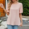 thumbnail image 2 of Ruffle Sleeve Tops for Women Short Sleeve Round Neck Casual Shirts Solid Pullovers Elegant Summer Comfy Tops Pink,2XL, 2 of 7