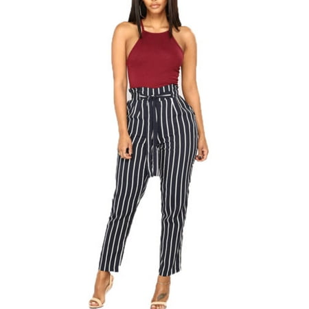 Womens High Waist Paperbag Cigaratte Trousers Striped Summer Casual Long
