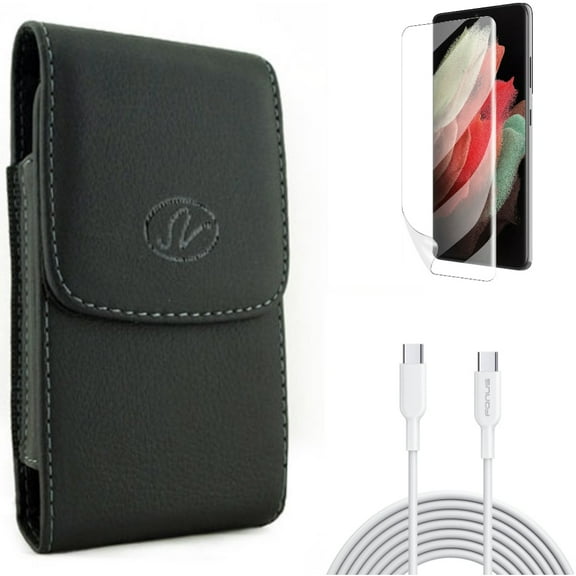 Matte Screen Protector & 10ft Long Type-C Cable & Case Belt Clip for Samsung Galaxy S22 Plus (S22 ) - Combo TPU Film Anti-Glare & Fast Charger Cord PD Power & Leather Holster Cover