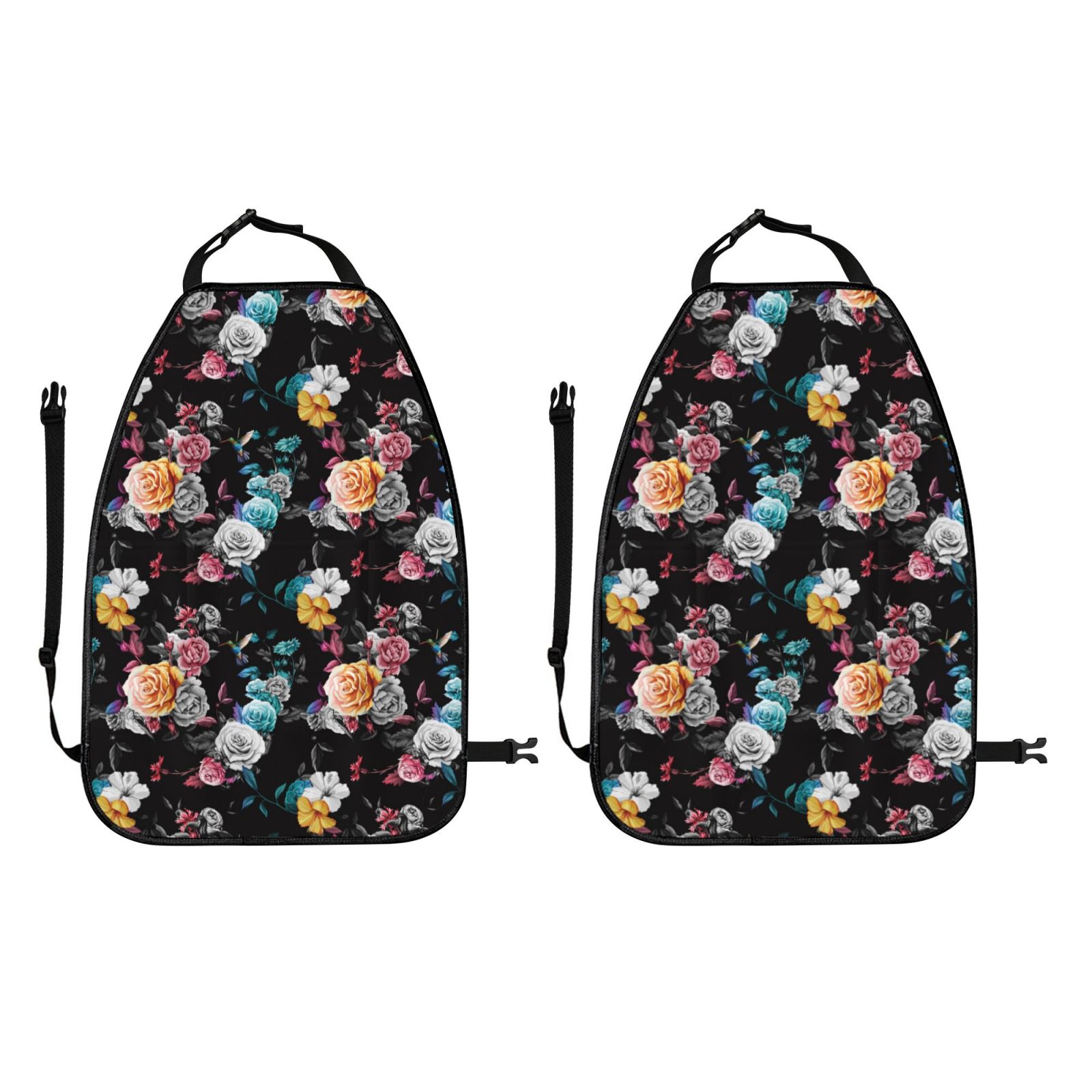 Kdxio Hibiscus Rose Print 2 Pack Car Kick Mat Seat Cover Back Protector Mat with Pockets for Organizer Backseat Protector and Storage Anti Kick Pad for Vehicles