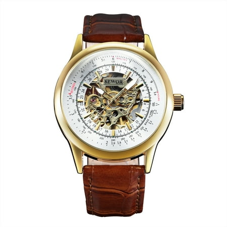 - Automatic Mechanical Mens Wrist Watch Vintage Brown Leather Strap Leather