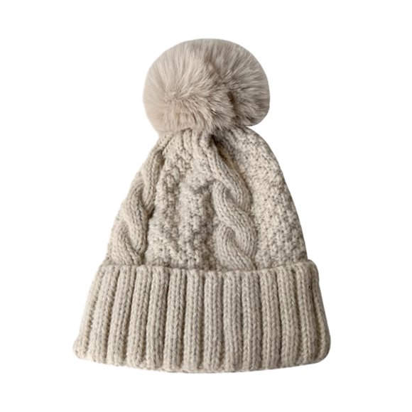 vnanda Winter Beanie Women Fall Winter Hat Thickened Knitted Soft Elastic Warm Anti-slip Ear Protection Plush Ball Decor Twisted Pattern Outdoor Beanie