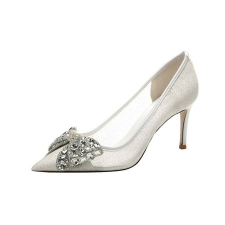 

Mesh High Heels Women‘s Stiletto Sexy Rhinestone Bow White Wedding Shoes Champagne Dress Banquet Women‘s Shoes