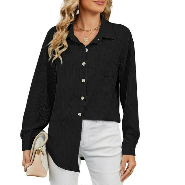 Women's long-sleeved collared blouse with textured collar, workwear style, and pockets. rose red XXL