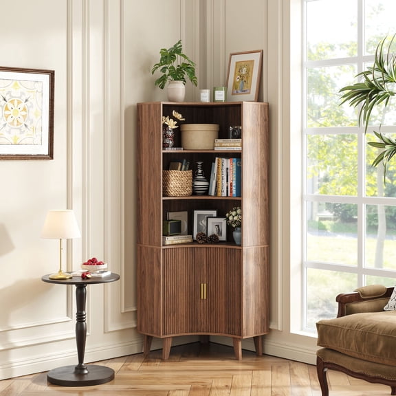 LSKTGA 66.92" Tall Corner Cabinet, Fluted Corner Storage Cabinet with Sliding Doors, Freestanding Corner Organizer, 5-Tier Wooden Display Cabinet for Living Room, Kitchen