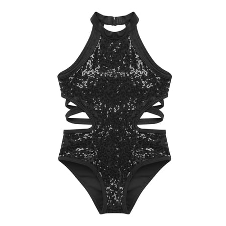 Miutii Kids Girls Halter-neck Cutout Back Shiny Sequins Ballet Dance Gymnastic Leotard Ballet Dance Athletic Jumpsuit Black 10