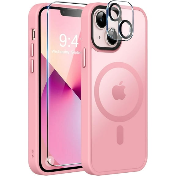 Strong Magnetic for iPhone 13 Case, [Compatible with Magsafe][Screen Protector Camera Lens Protector] Translucent Matte Back Slim Shockproof Case for iPhone 13 Phone Case 6.1", Pink