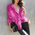 thumbnail image 4 of Women's Short Sleeve V Neck Buttons Velour Casual Shirts Solid Trendy Blouses Hot Pink,S, 4 of 5