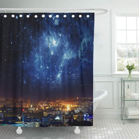 Libin Blue Magic City Landscape at Nigh Sky Filled Stars Shower Curtain 66x72 inch