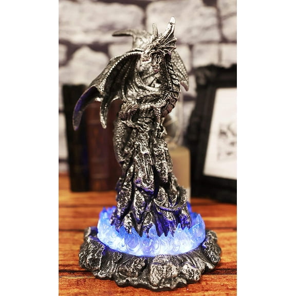 Ebros 10"H Volcano Blue Magma Dragon On Rock Tower Figurine with LED Night Light