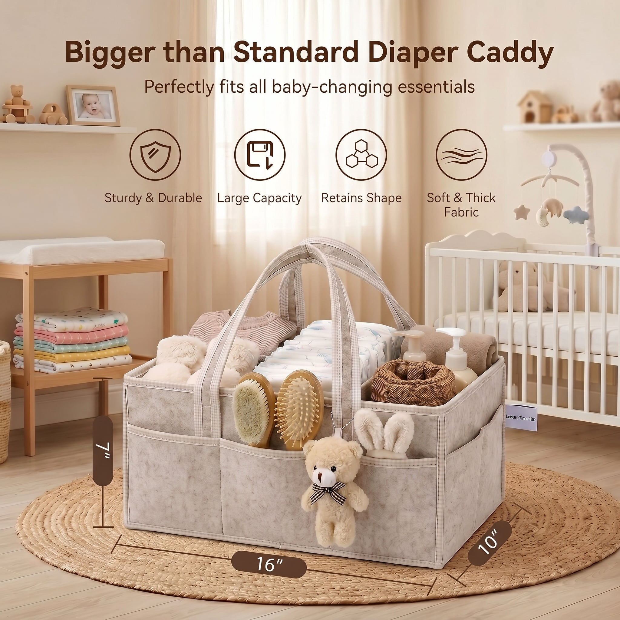Baby Diaper Caddy Organizer, Portable Nursery & Car Storage Bin for Diapers & Wipes, Baby Registry Must Have, Boy & Girl Baby Shower Gift