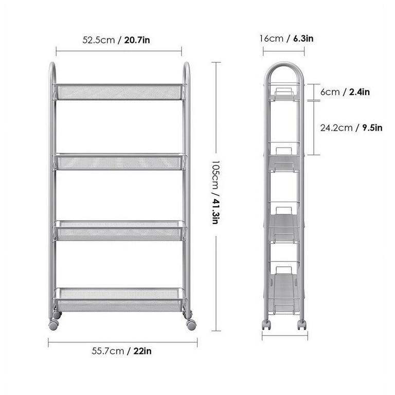 Homfa 4 Tier Slim Slide Out Storage Tower Gap Rolling Cart Kitchen Laundry  Bathroom, 22L x 6.3W x 41.3H, Silver 