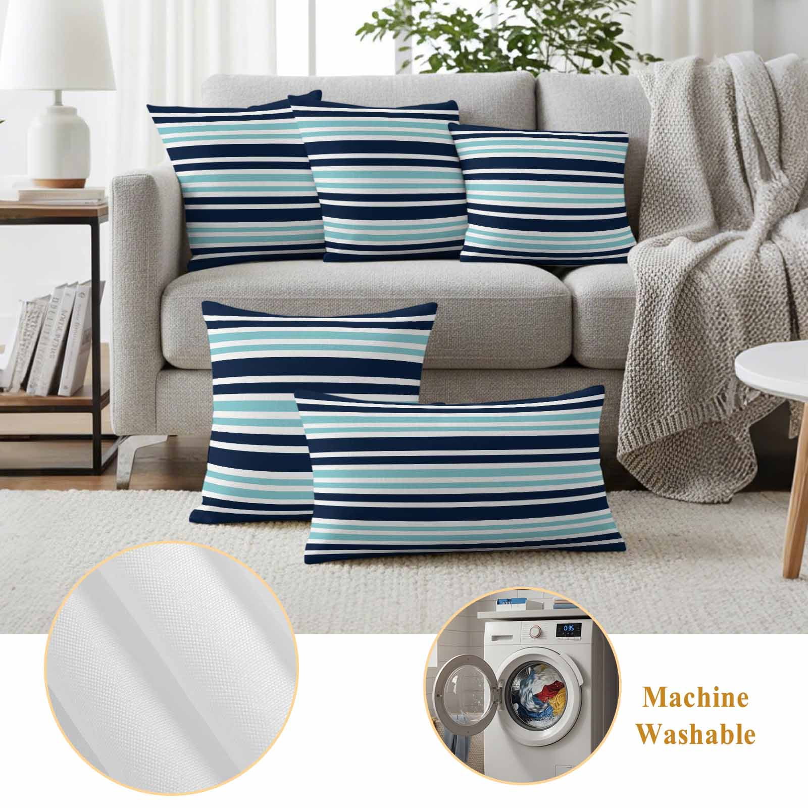 Outdoor Waterproof Pillow Covers Nautical Navy Blue Contrast Stripe Decorative Throw Pillow Protectors,Pillowcase Cushion Cases for Patio Sofa Garden Couch,20x12in,Pack of 2